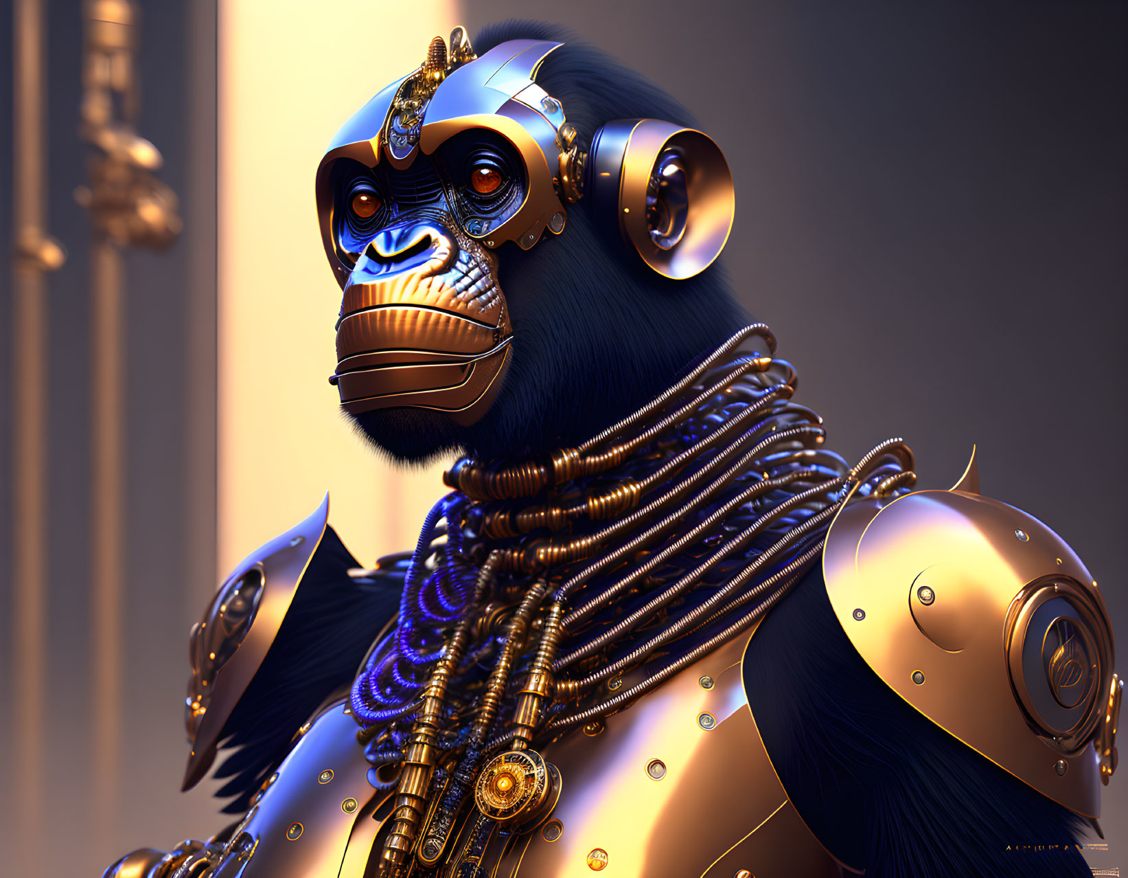 Detailed image of mechanized gorilla in golden armor