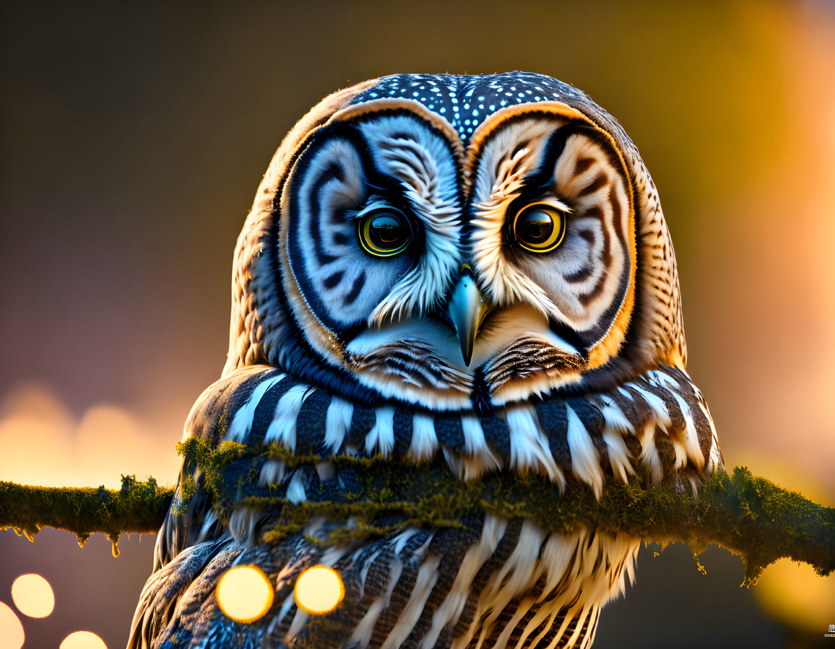 Detailed close-up of owl perched on branch with glowing background and intricate feather patterns.