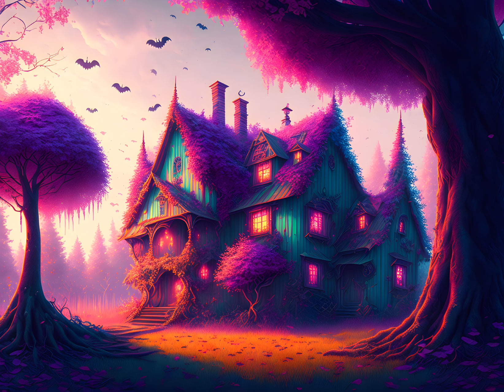 Vibrant purple and pink forest illustration with enchanted treehouse