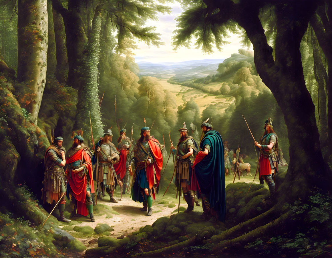 Medieval knights and soldiers in forest clearing with lush greenery and distant hills.