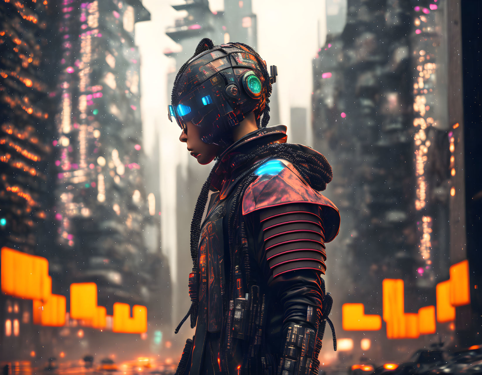 Futuristic soldier in high-tech armor in neon-lit cityscape