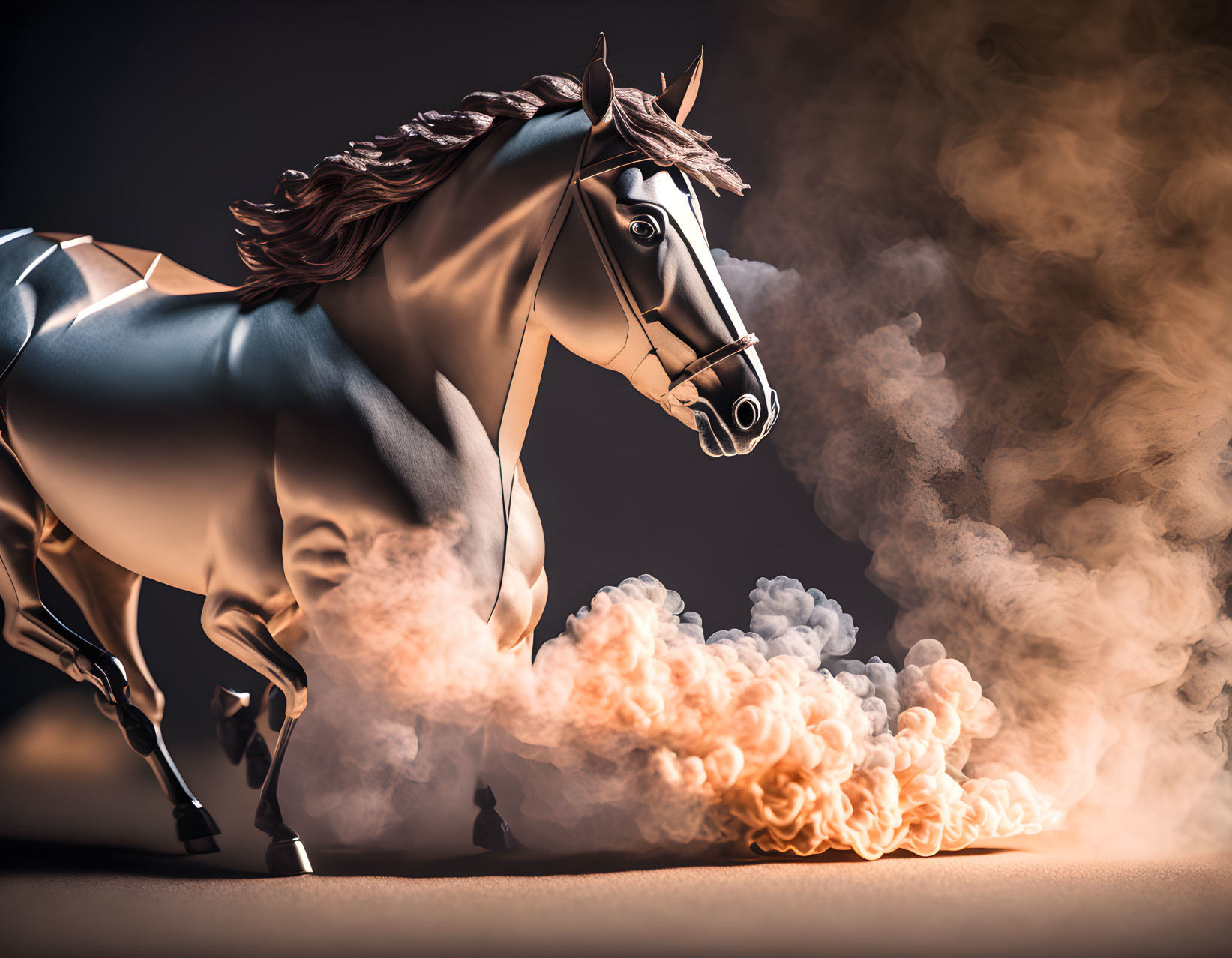 Metallic horse sculpture in gallop with dramatic lighting and swirling smoke.