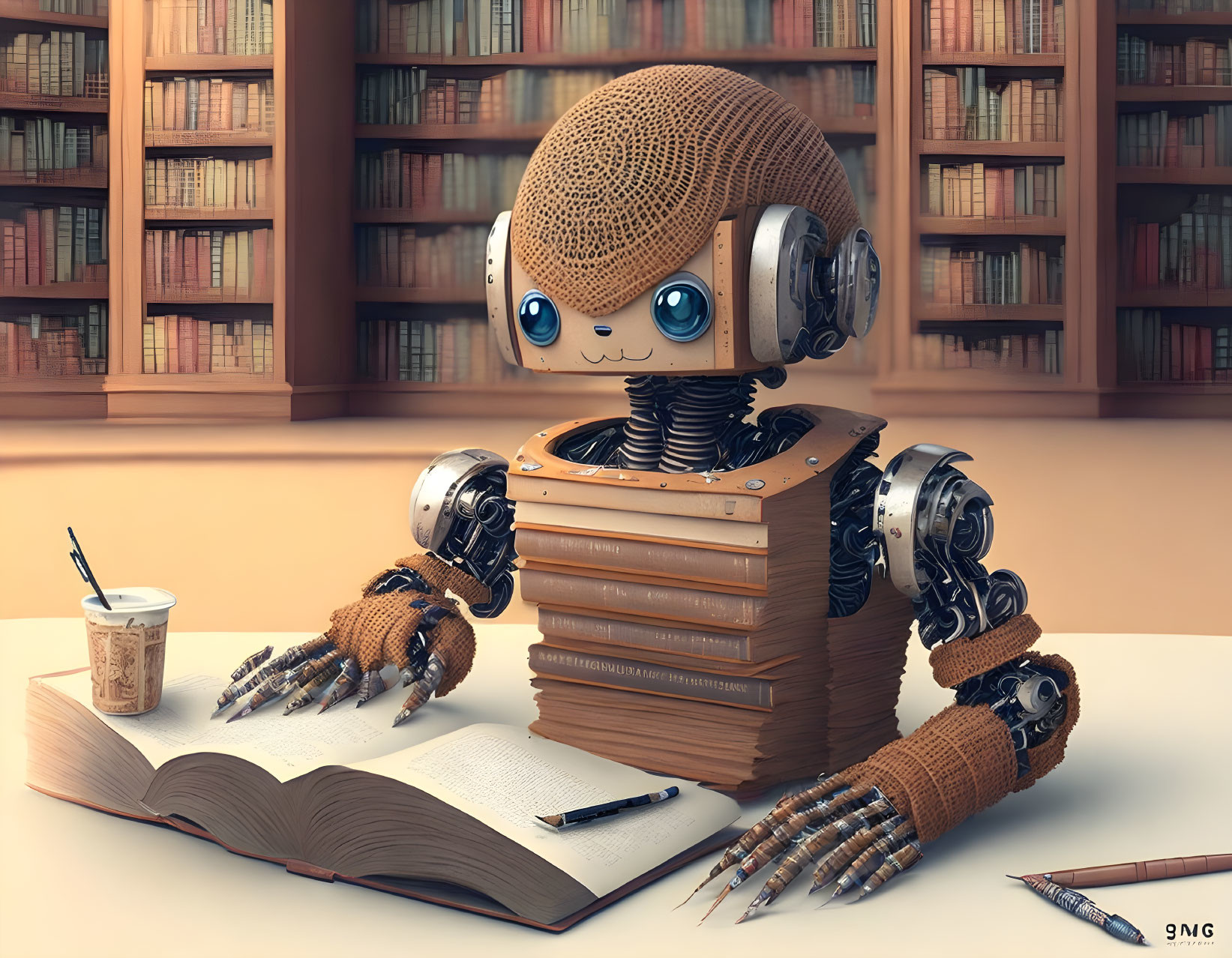 Robotic figure studying at desk with books and pen