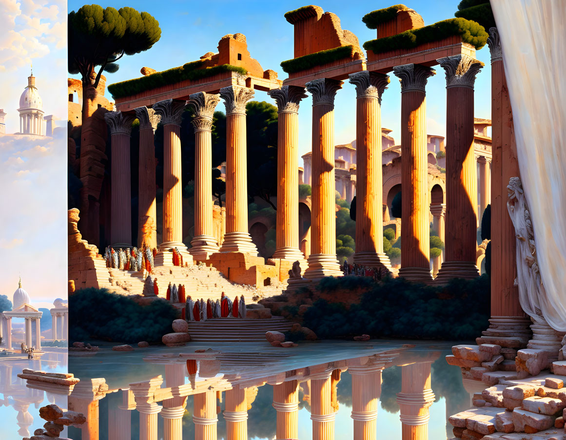 Ancient Roman-style ruins with towering columns and statues in serene setting