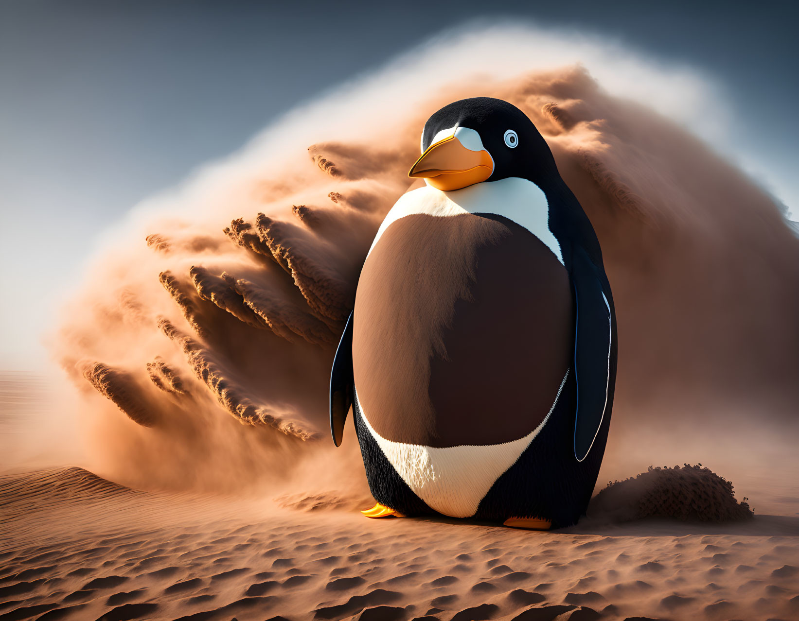 Plump penguin on sand dune with sand explosion wings