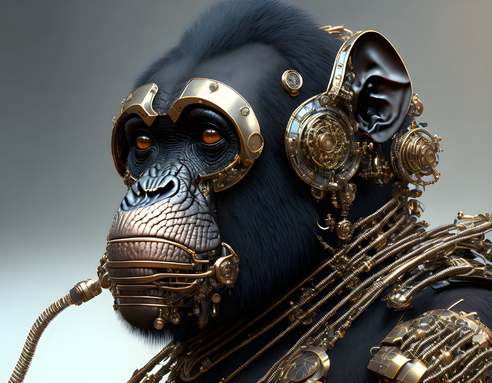 Detailed cybernetic ape with golden accents on face and body