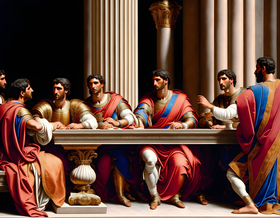 Group of individuals in classical attire discussing at table with pillars and arches