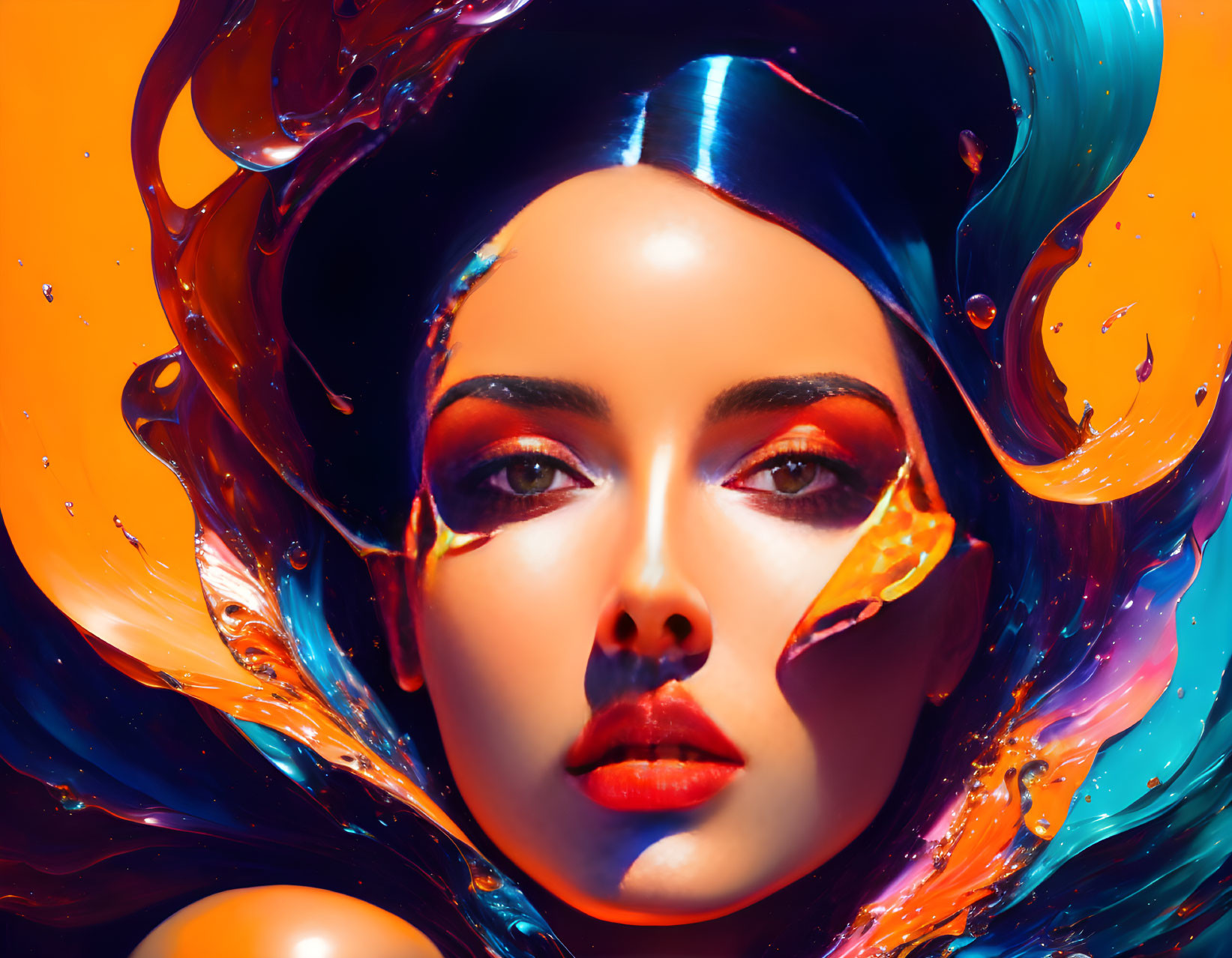 Abstract woman's face with swirling blue and orange liquid shapes