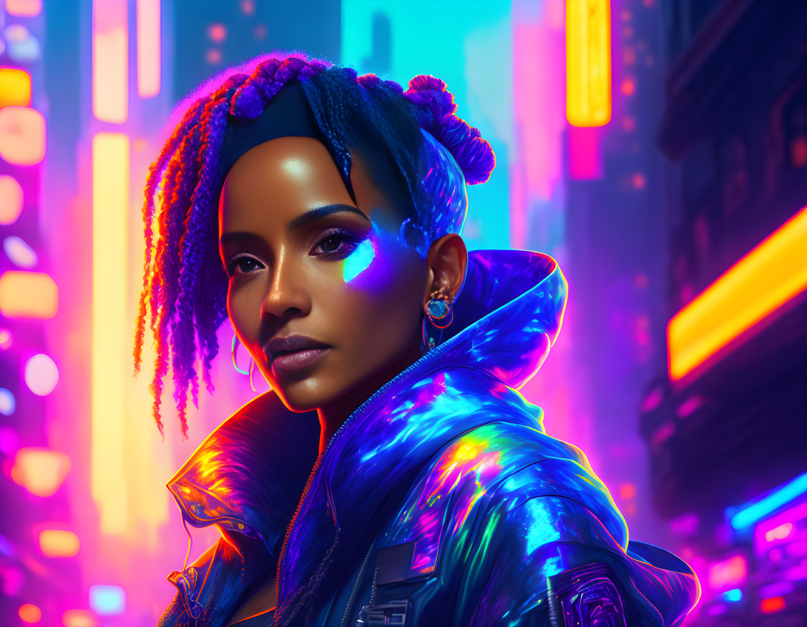 Colorful woman with vibrant makeup and dreadlocks in shiny blue jacket against neon cityscape