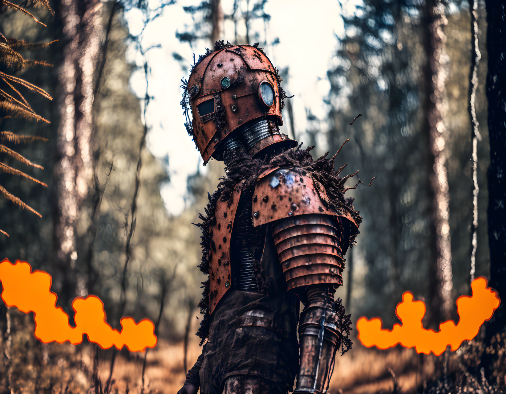 Armored medieval figure in forest with blurred orange shapes