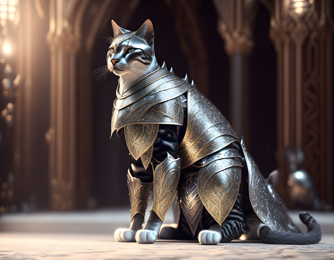 Cat in Medieval Armor in Grand Gothic Hall