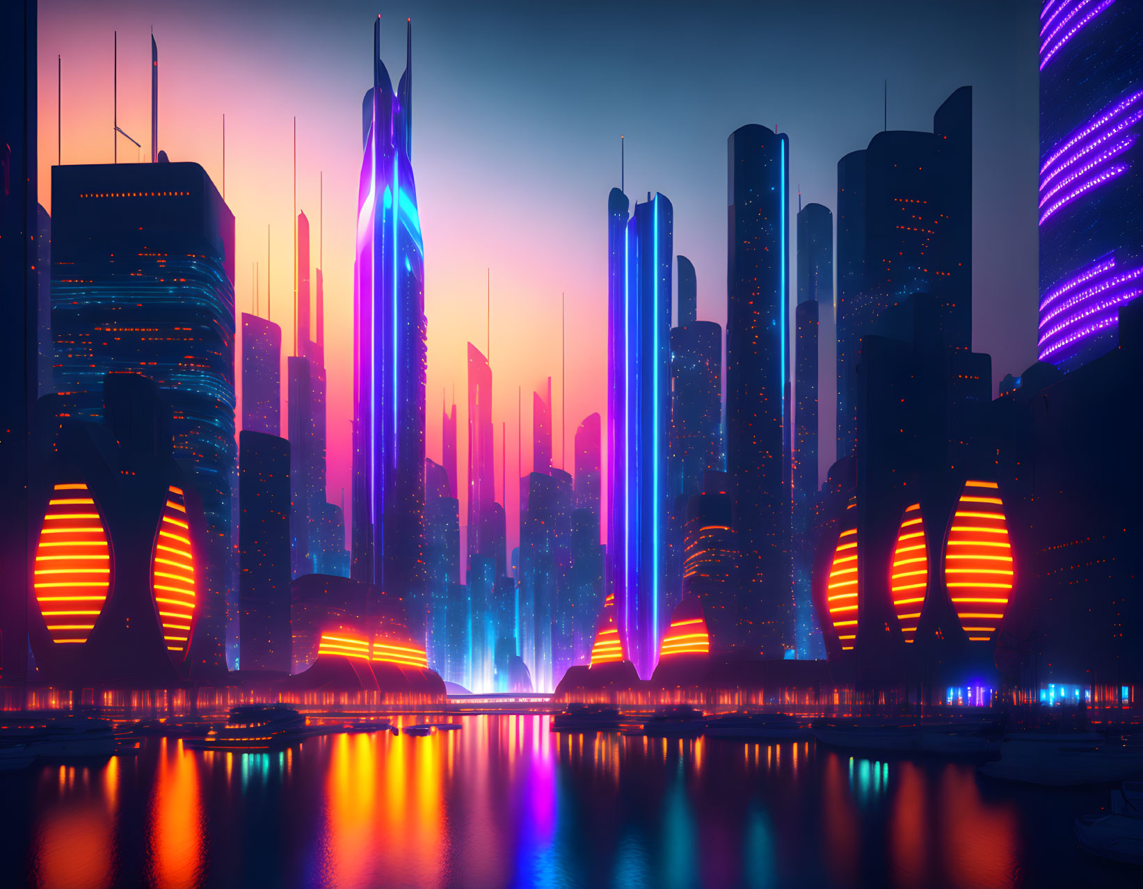 Neon-lit skyscrapers in futuristic cityscape at twilight