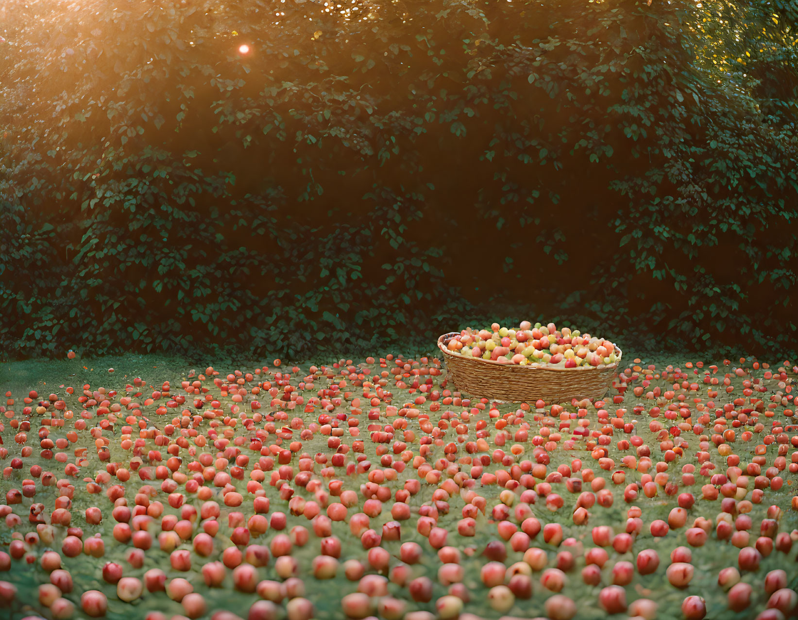 Sunlit Orchard Floor with Scattered Apples and Overflowing Fruit Basket