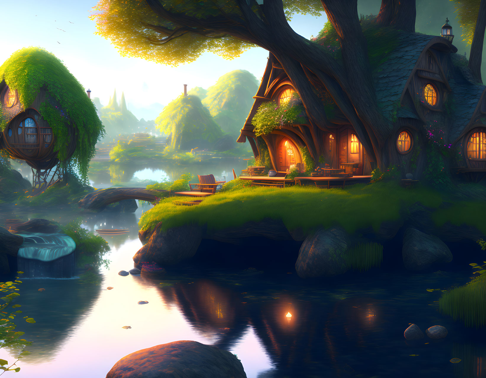 Tranquil fantasy landscape with hobbit-style house by river