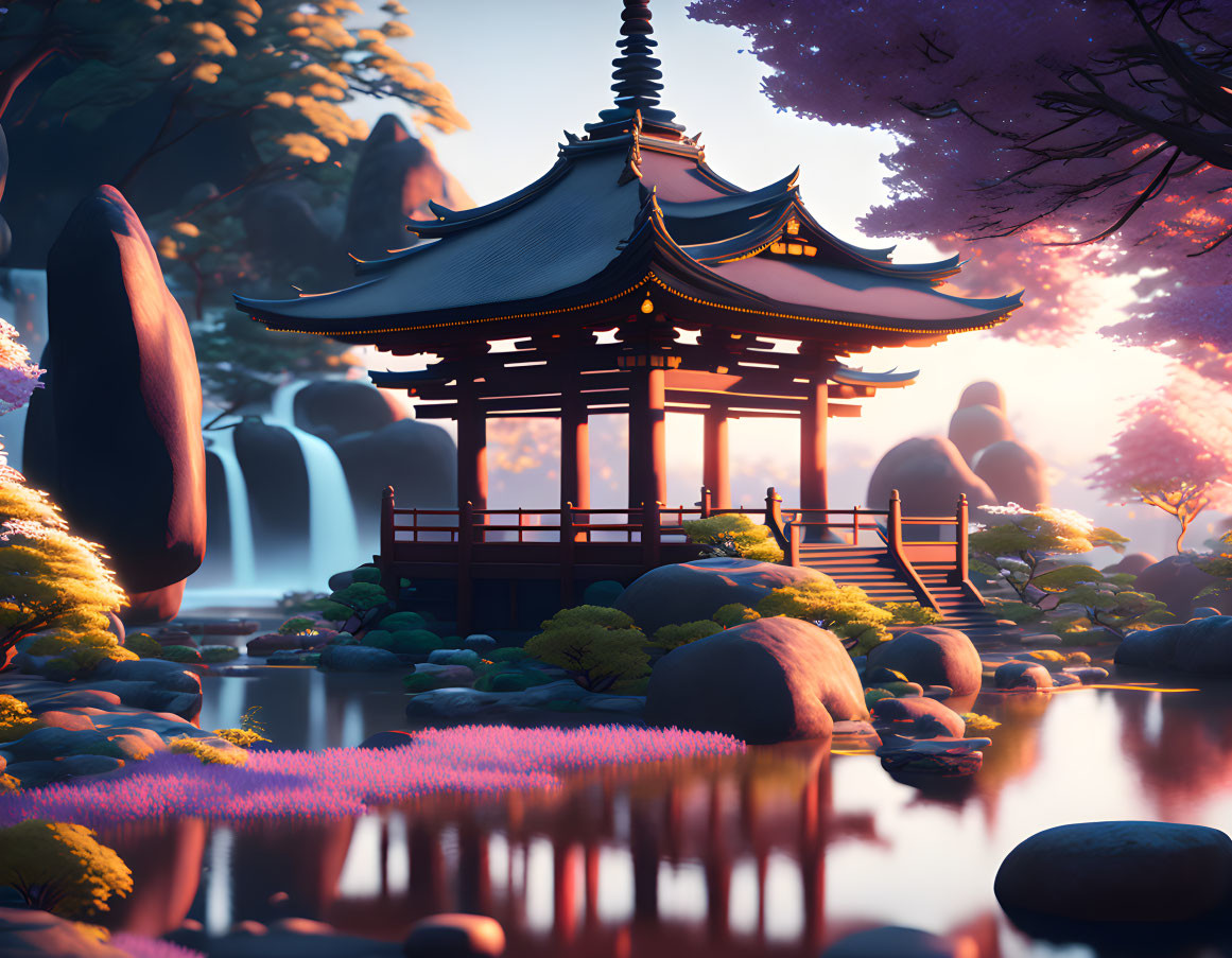 Japanese Pagoda Illustration in Serene Garden Setting