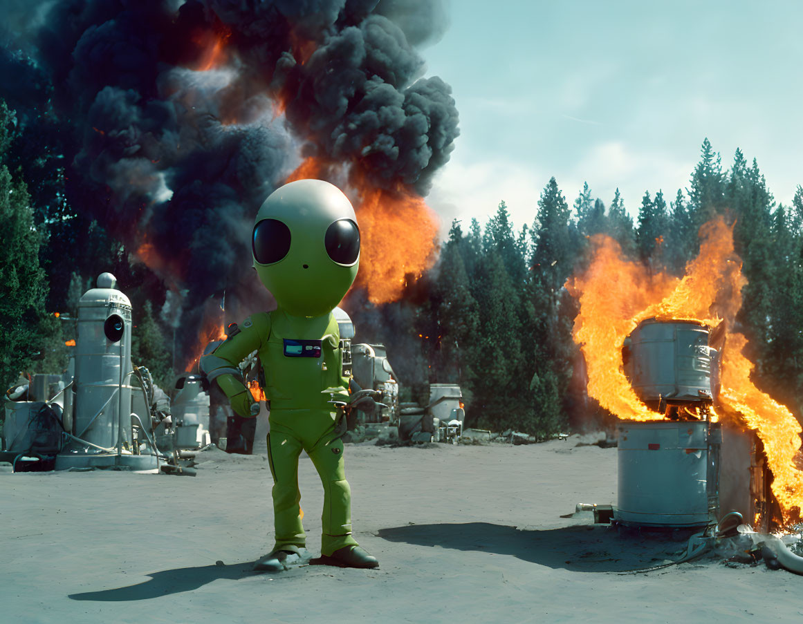 Alien figure in spacesuit observes fiery industrial accident