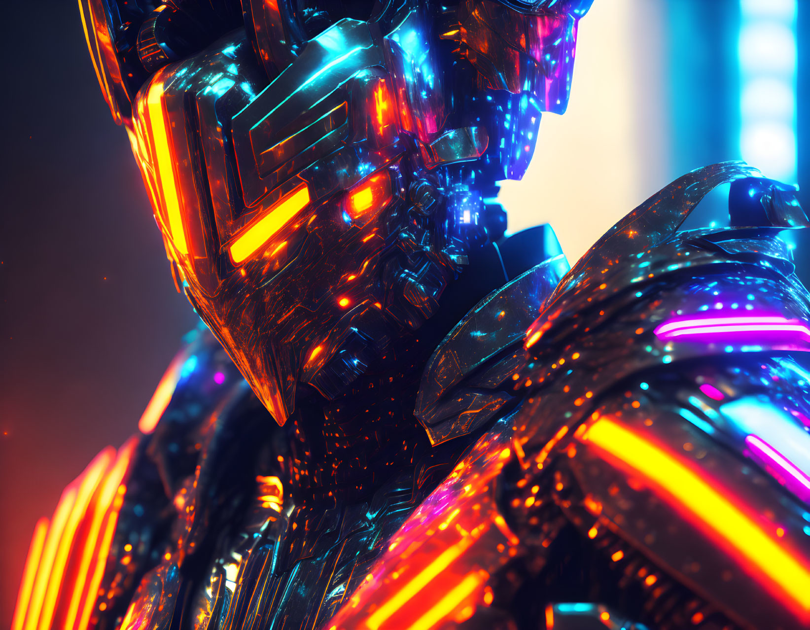 Futuristic robot with glowing neon lines in close-up shot