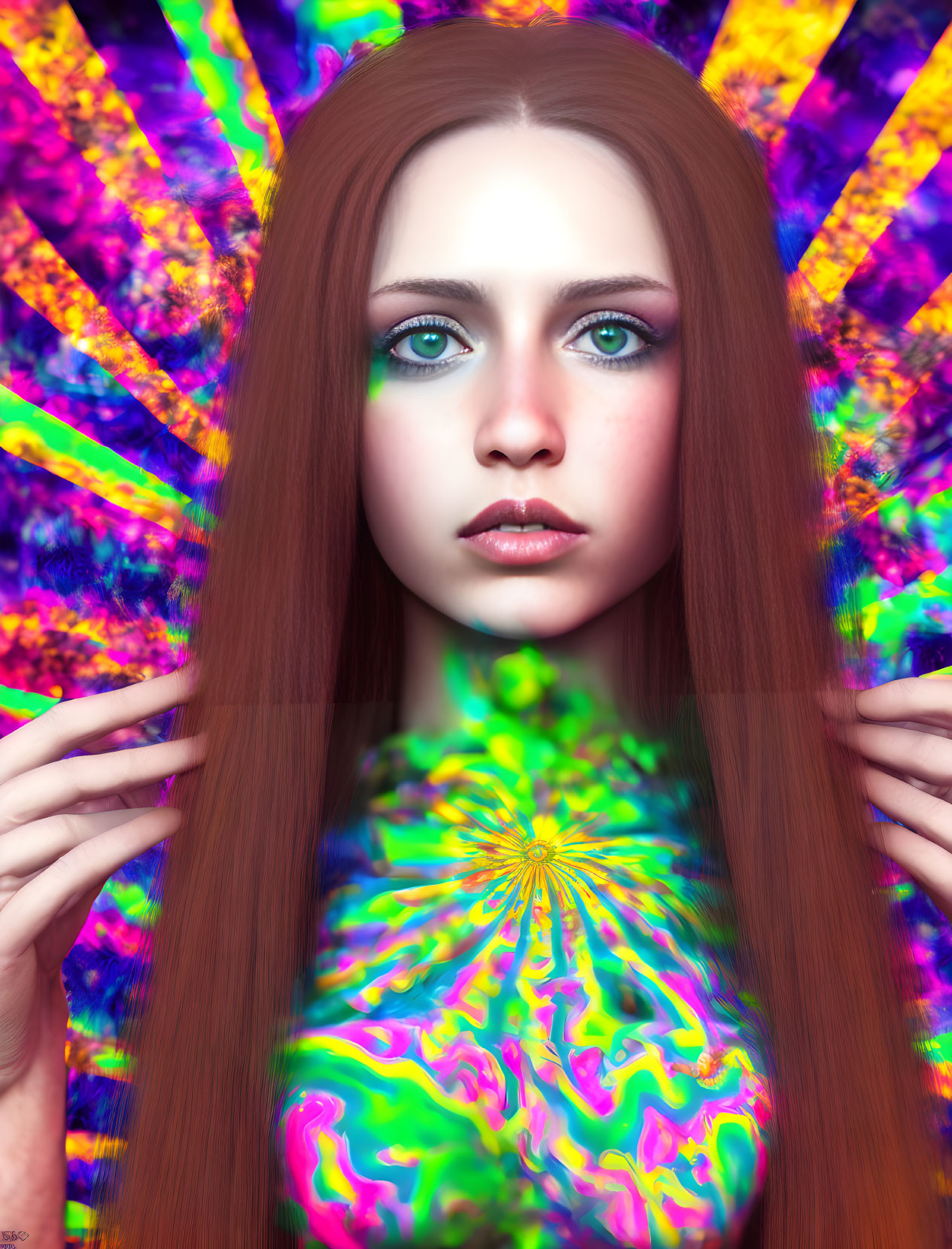 Vibrant digital portrait of woman with red hair and green eyes