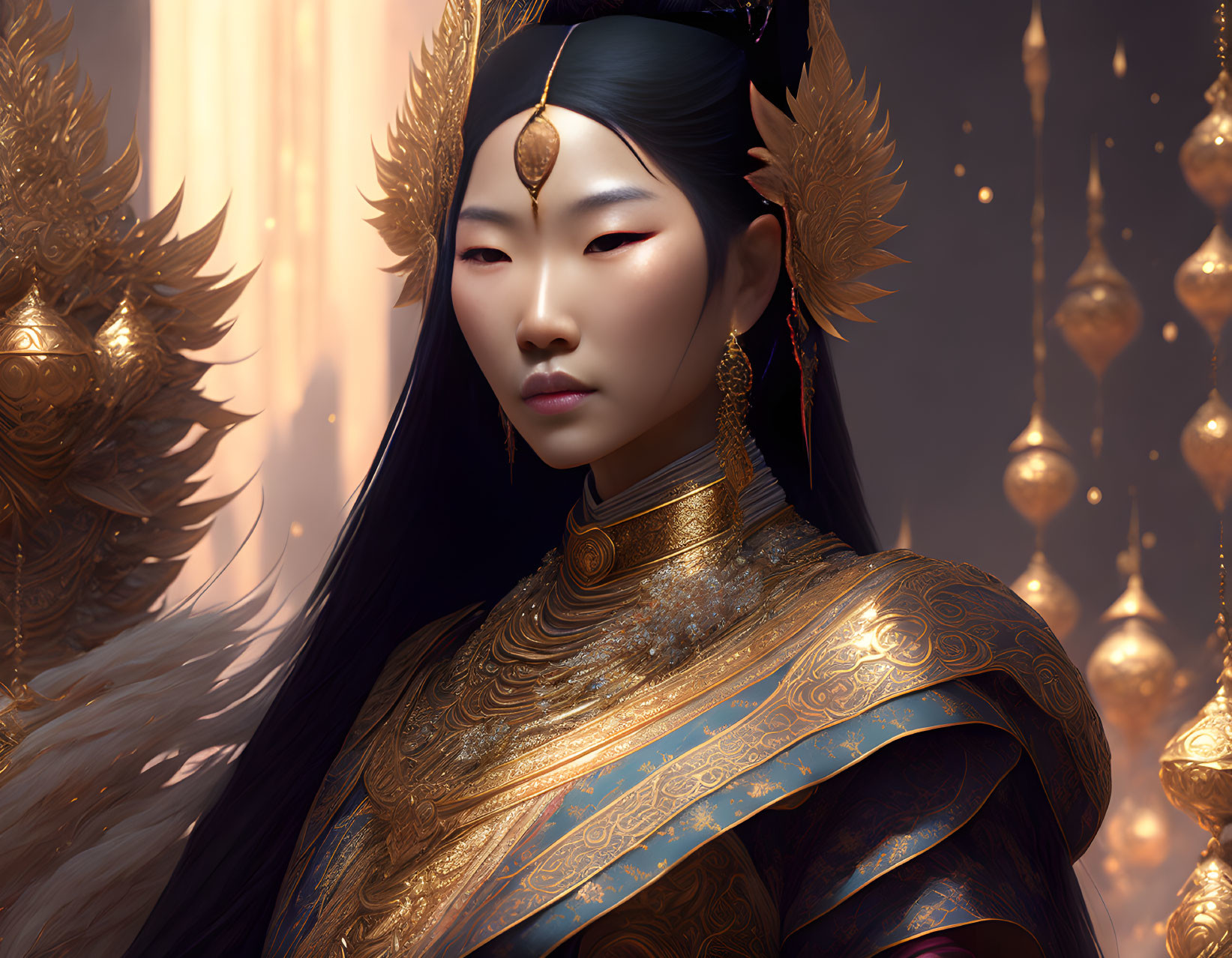 Asian woman in golden armor with intricate designs and fur accents