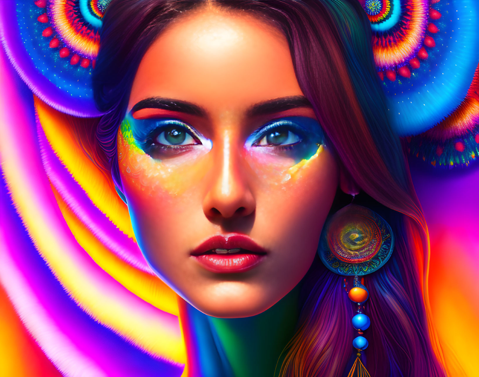 Colorful digital portrait with psychedelic background and matching makeup