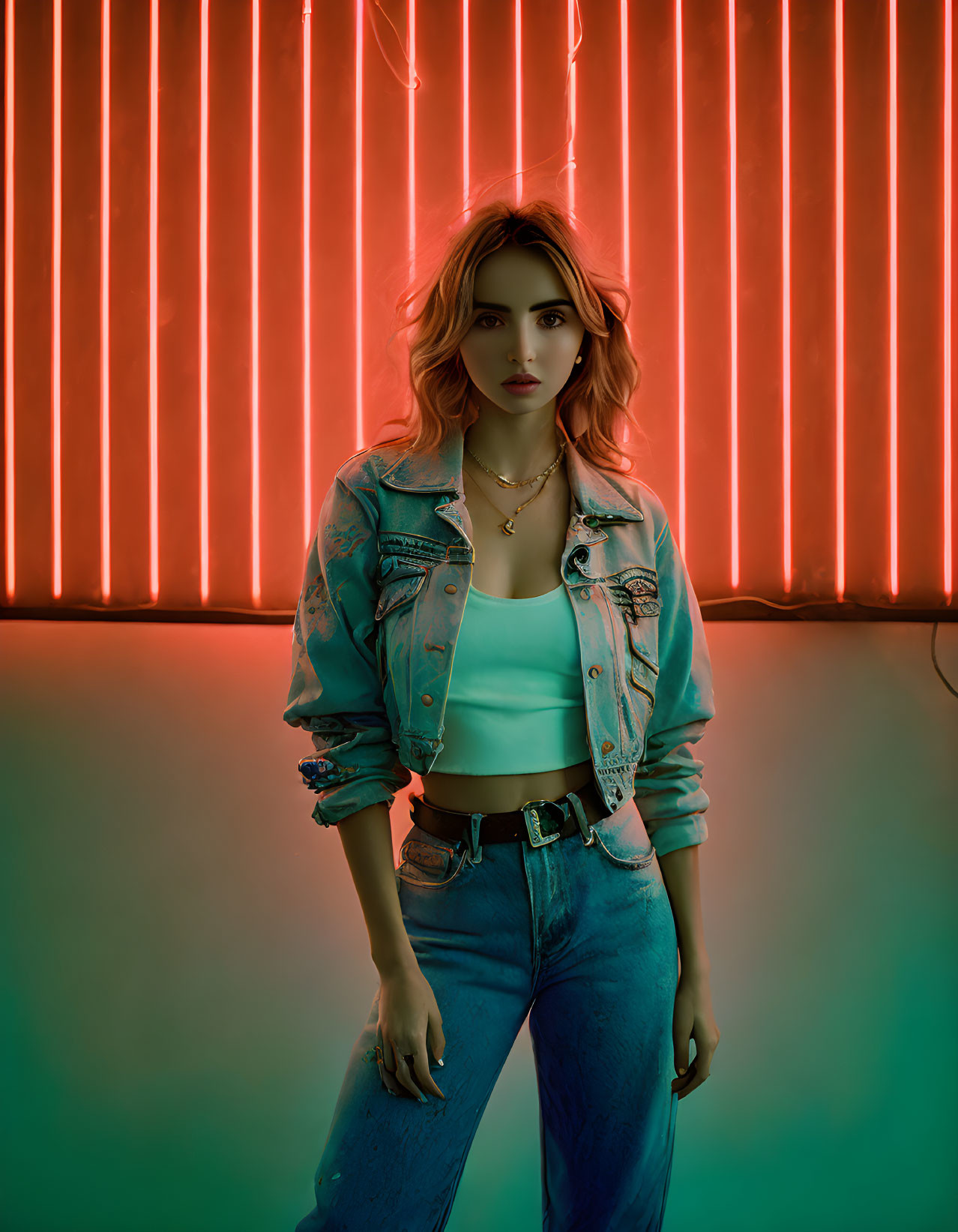 Woman in denim jacket and jeans posing confidently against neon backdrop