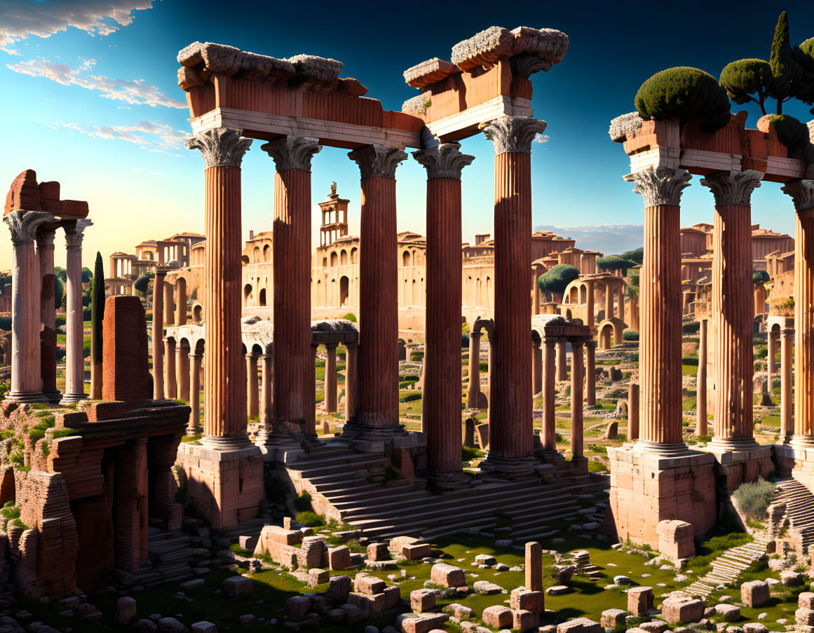 Ancient Roman ruins with towering columns in a serene setting