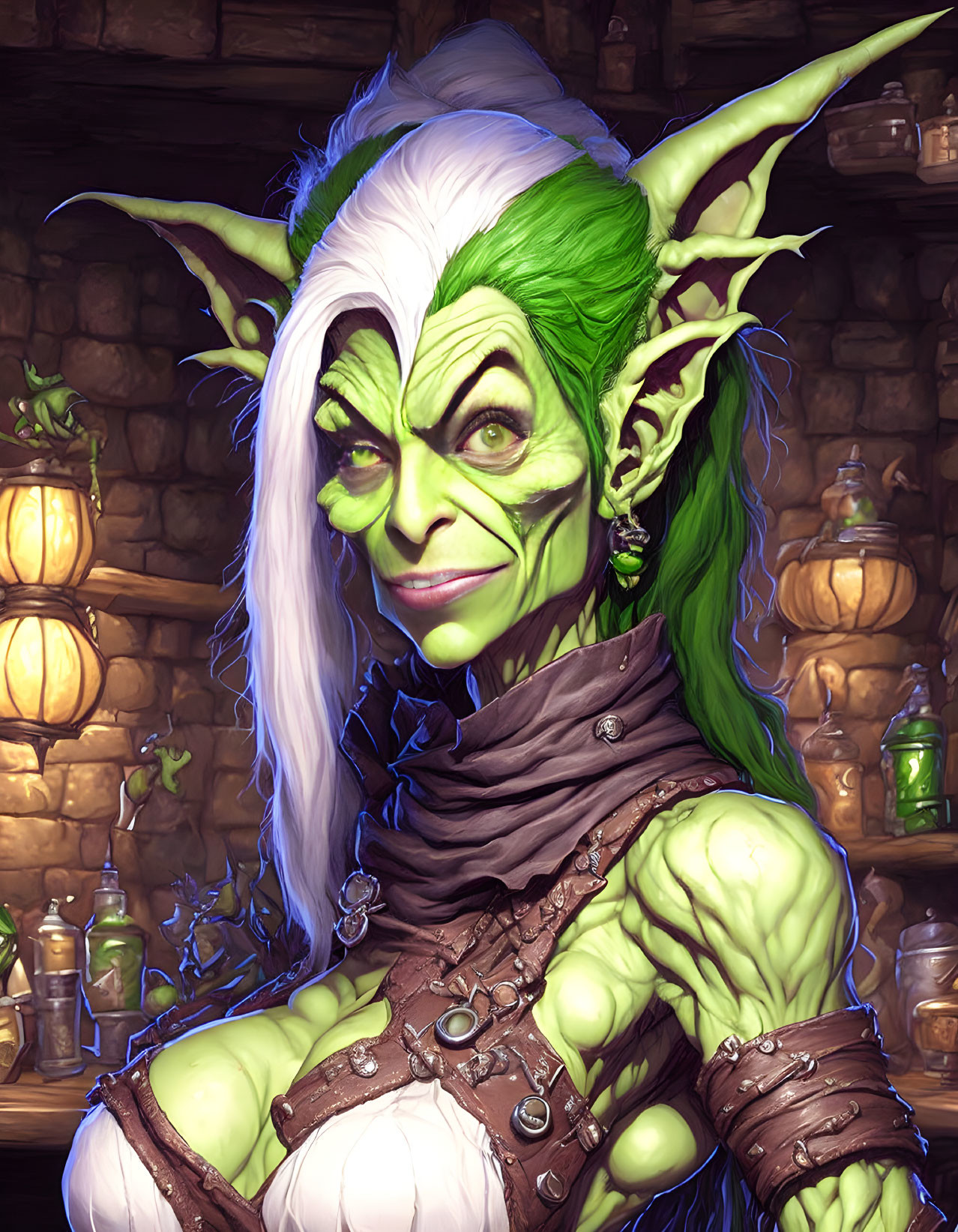 Green-skinned female in brown vest surrounded by potion bottles