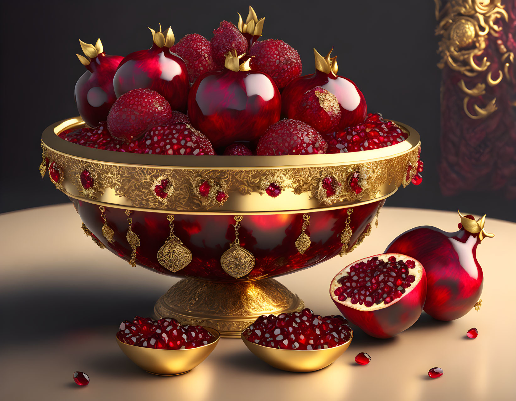 Intricate golden bowl with gemstones, pomegranates, and berries on table