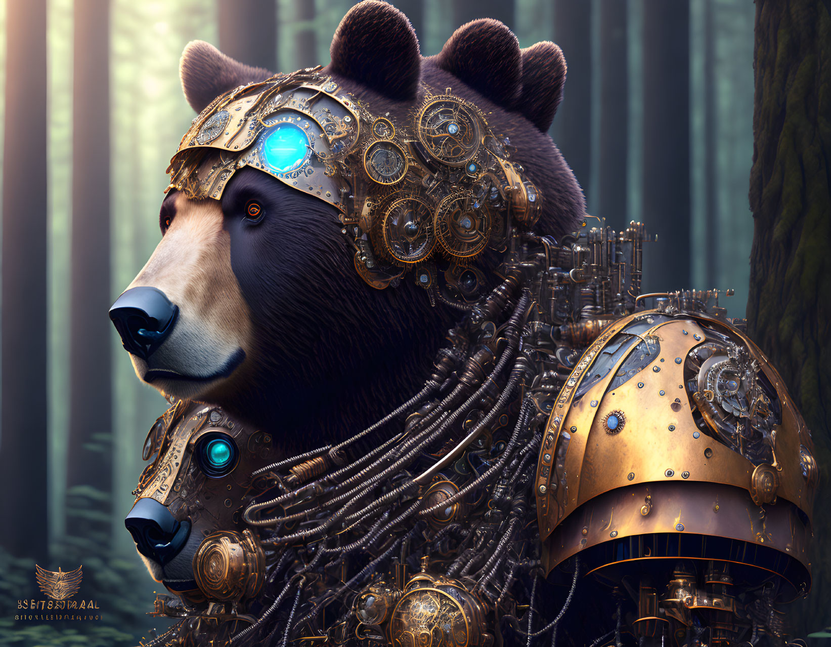 Steampunk-style robotic bear with golden gears and mechanical parts.