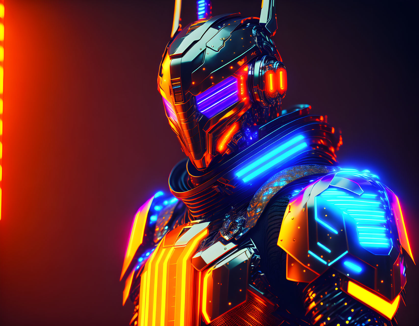 Futuristic robot with neon armor on dark background