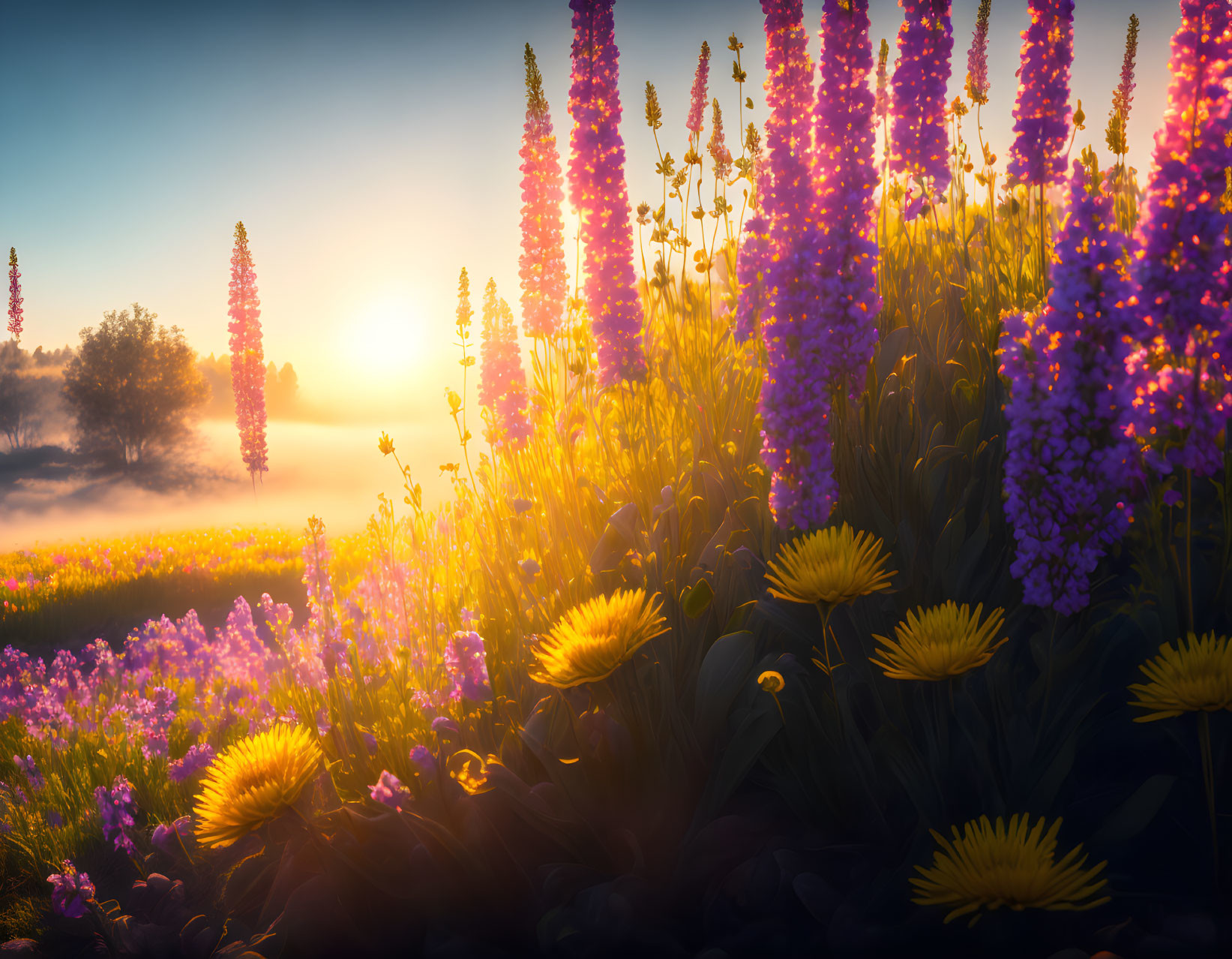 Tranquil Sunrise Field with Purple Flowers and Dandelions