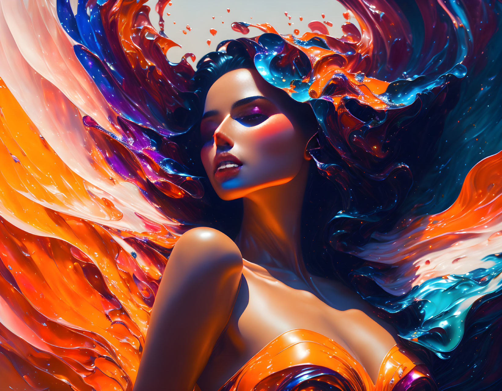 Colorful digital artwork: Woman with liquid swirls hair