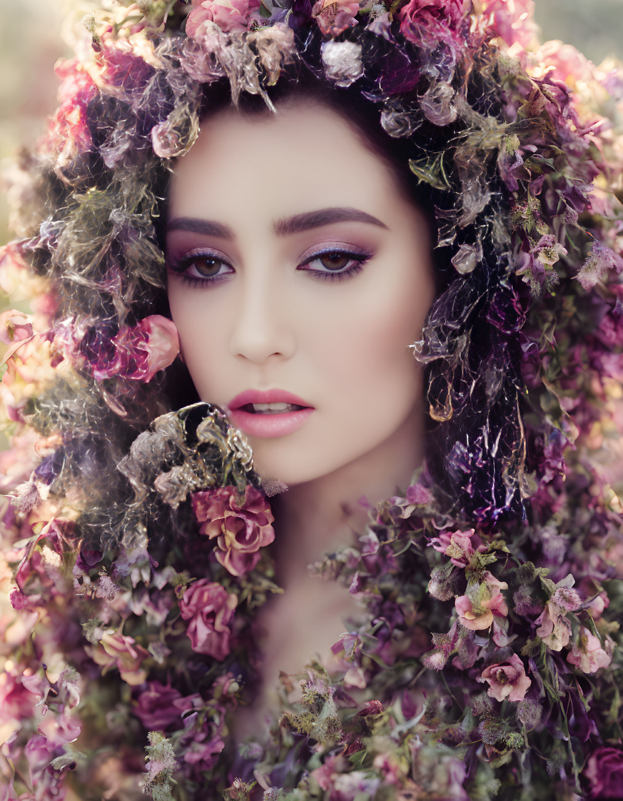 Portrait of person wearing floral headpiece and makeup