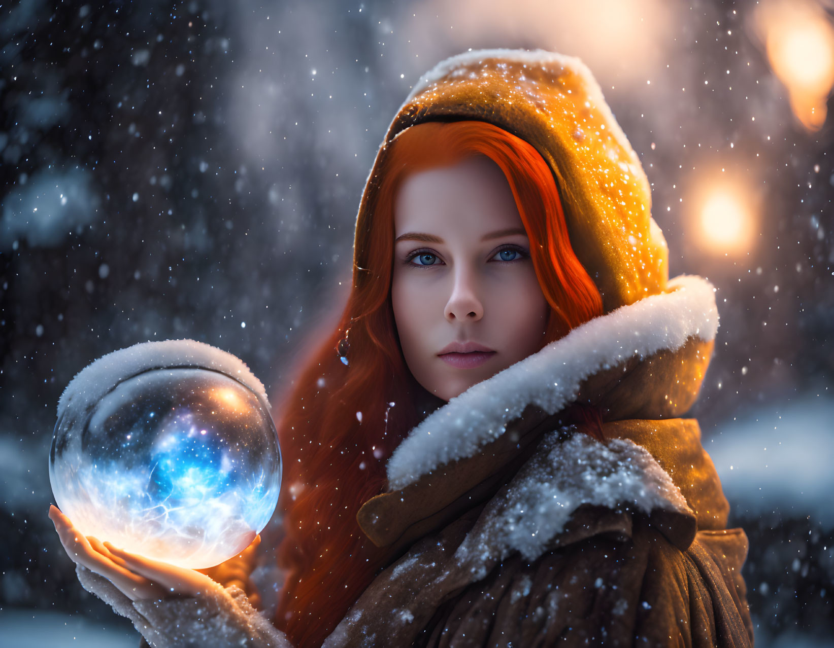 Red-haired woman in hooded cloak holding glowing orb in snowy twilight.