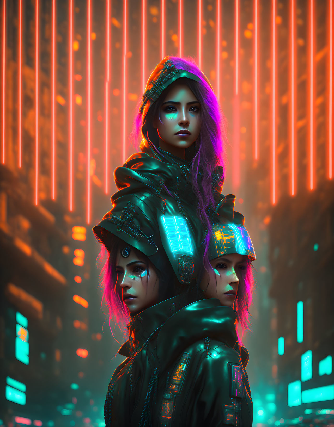 Futuristic individuals with neon-lit gadgets in cyberpunk setting