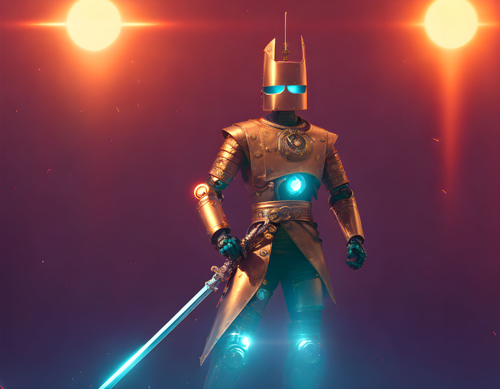 Futuristic knight in blue armor wields glowing sword under dual-sun sky