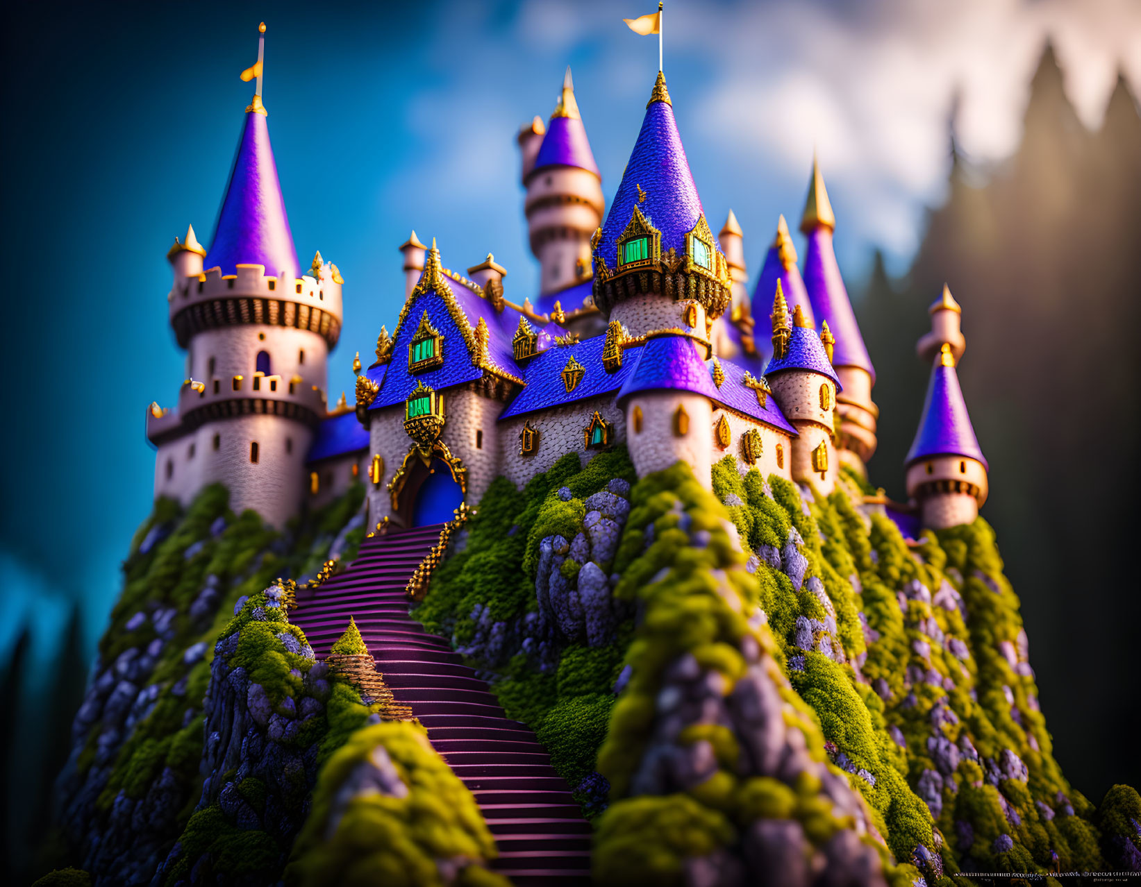 Majestic castle with purple roofs and golden spires on a sunlit hill