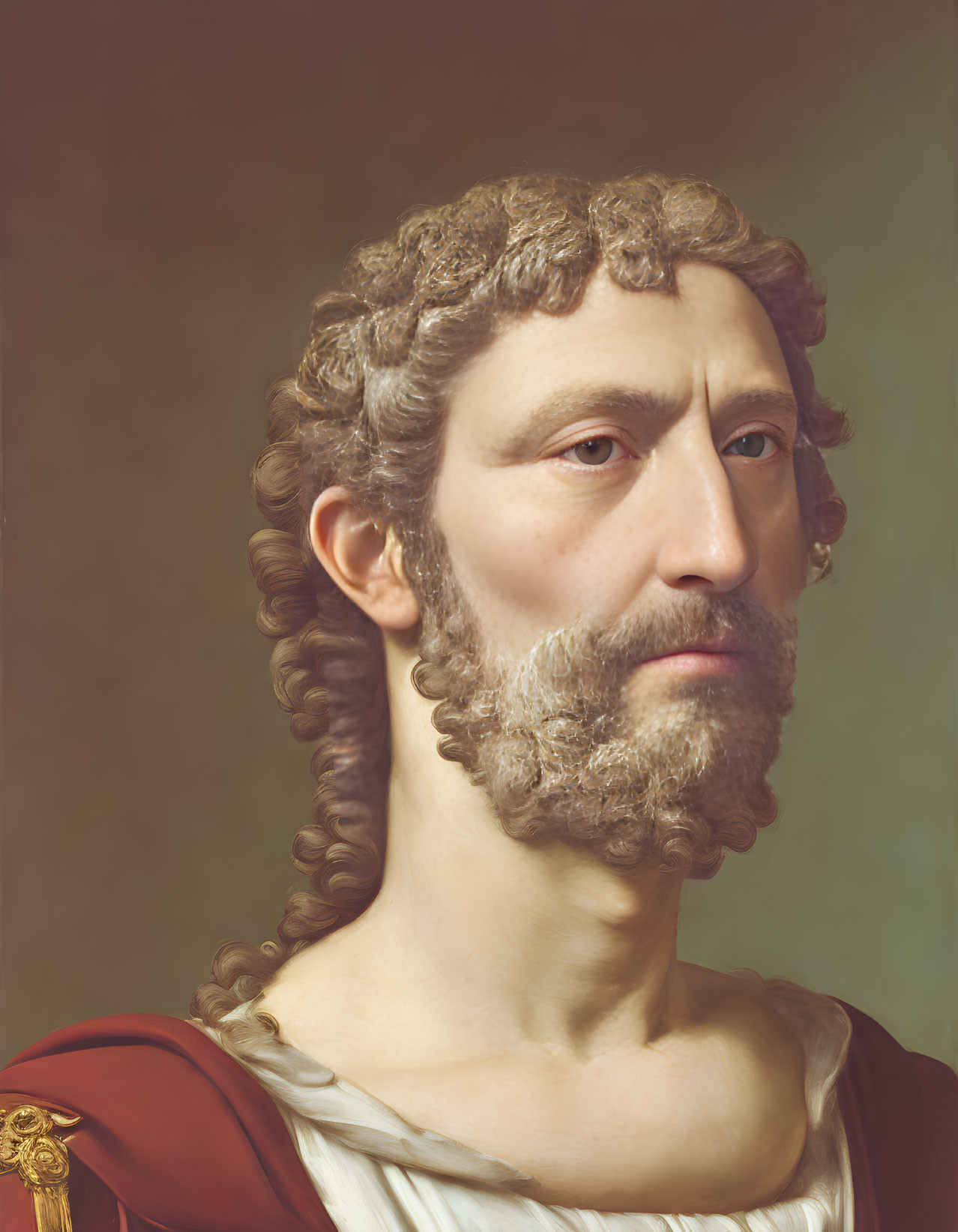 Portrait of a man with curly hair, beard, and red cloak