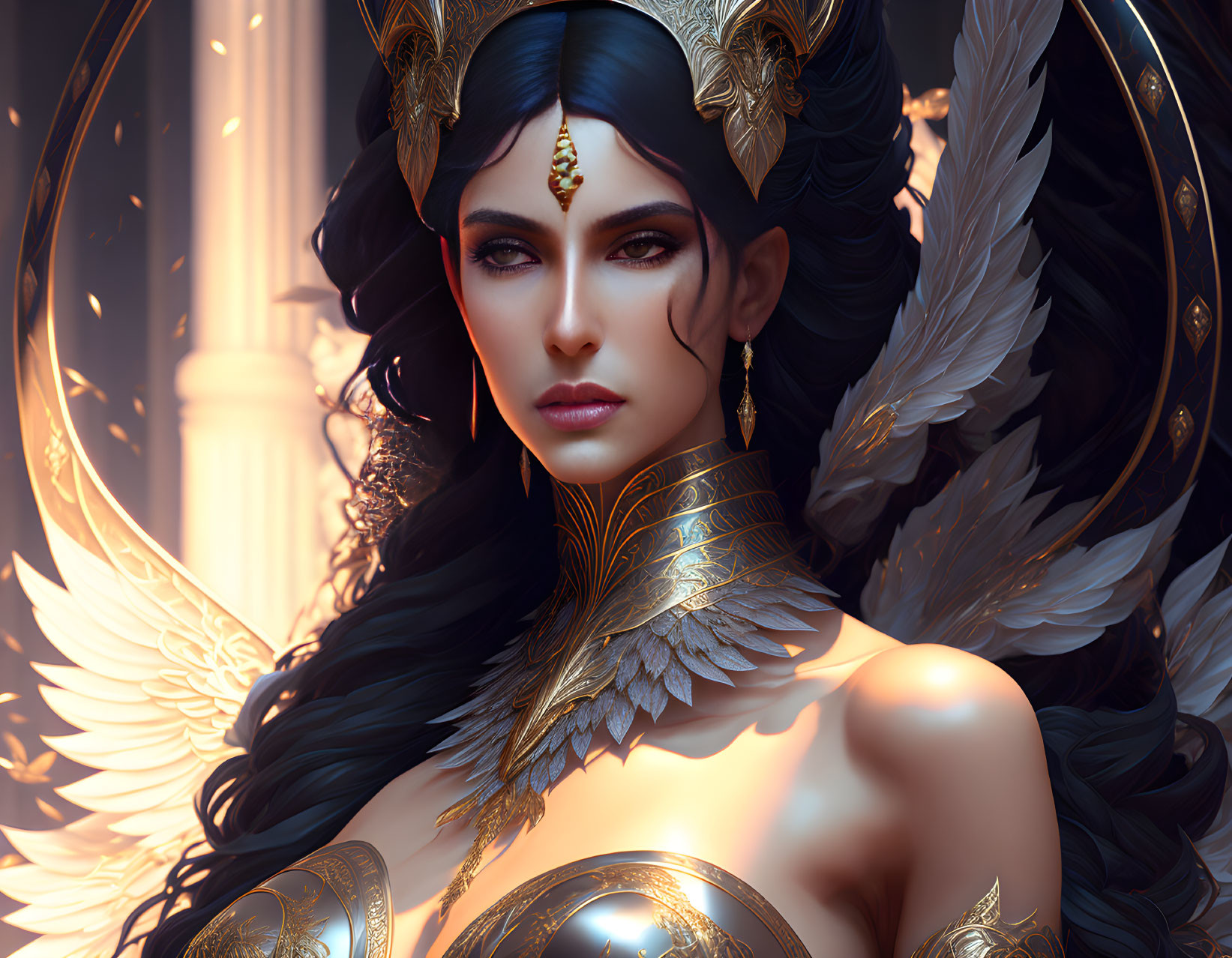 Digital artwork featuring woman with dark hair, winged headpiece, gold jewelry, and feathered adorn