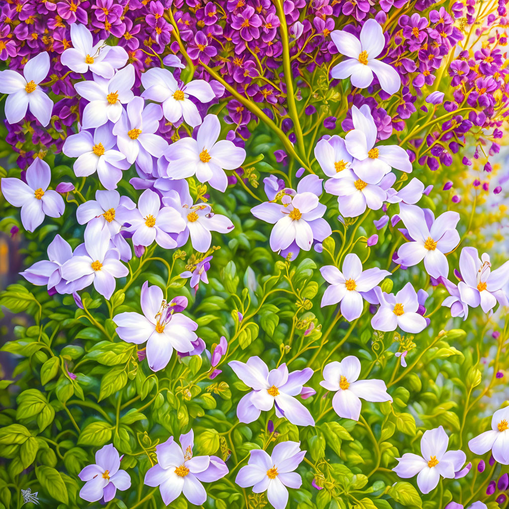 Purple and White Flowers with Lush Green Foliage Display