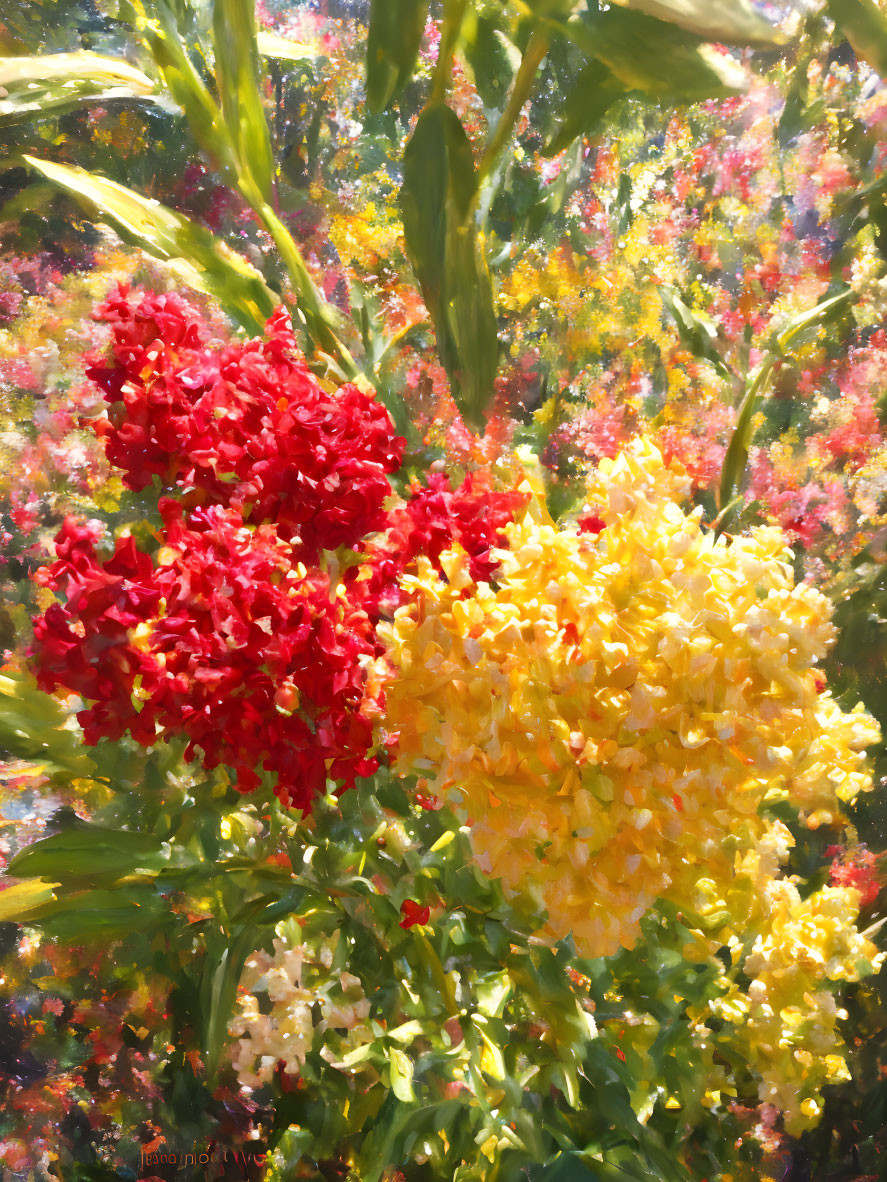 Impressionistic painting: Red and yellow flowers in vibrant garden scene