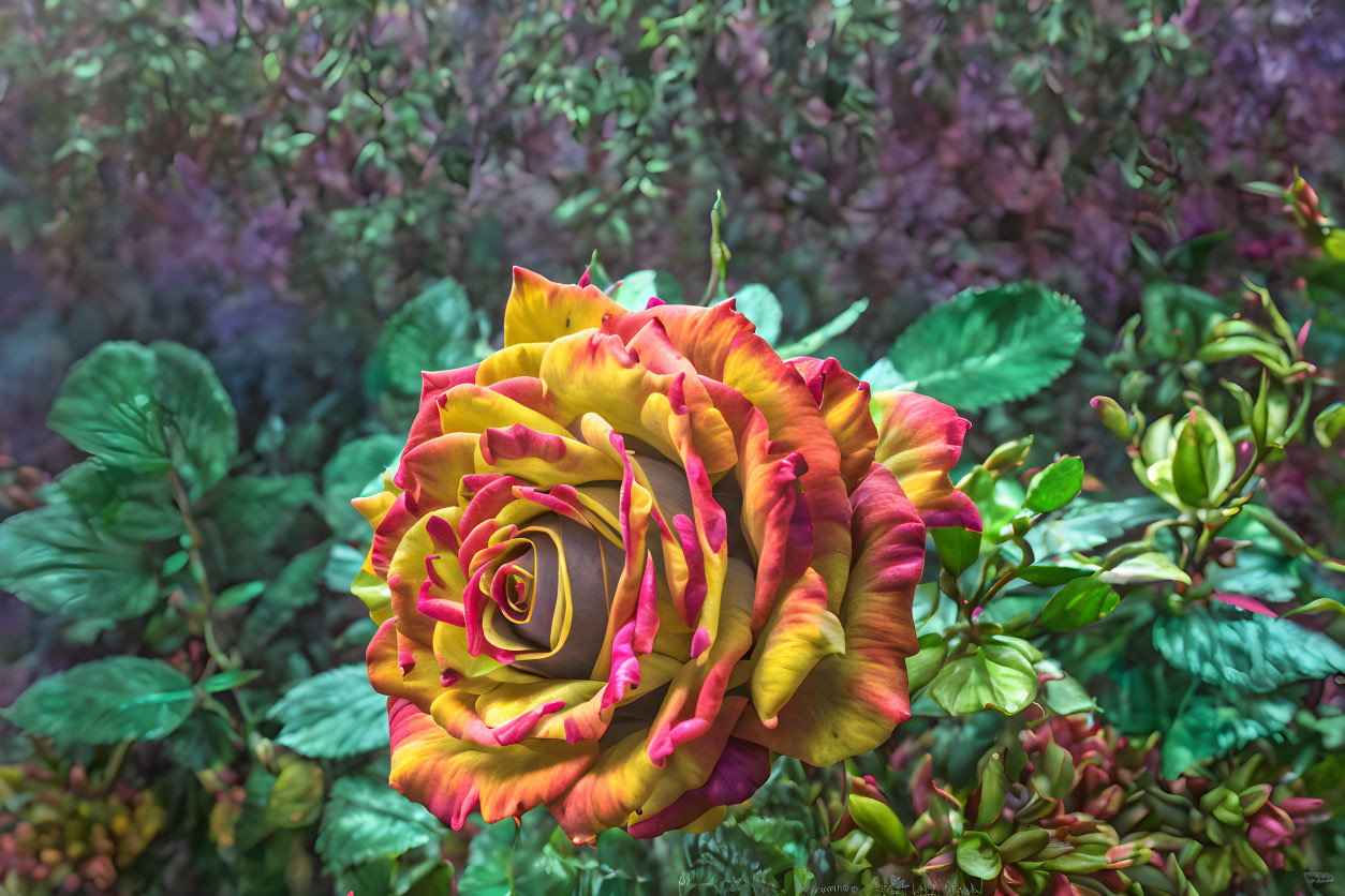 Multicolored rose with yellow and pink petals on green and purple backdrop