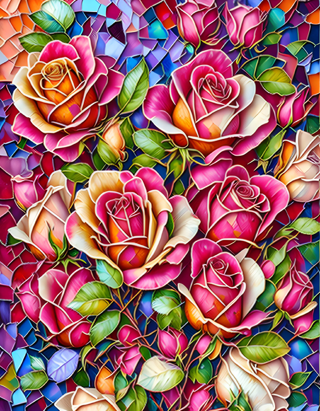 Colorful Rose Cluster in Stained Glass Style