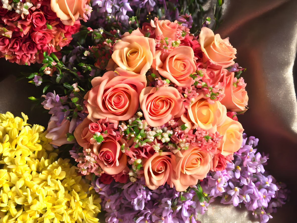 Colorful Rose Bouquet with Purple and White Flowers on Satin Background