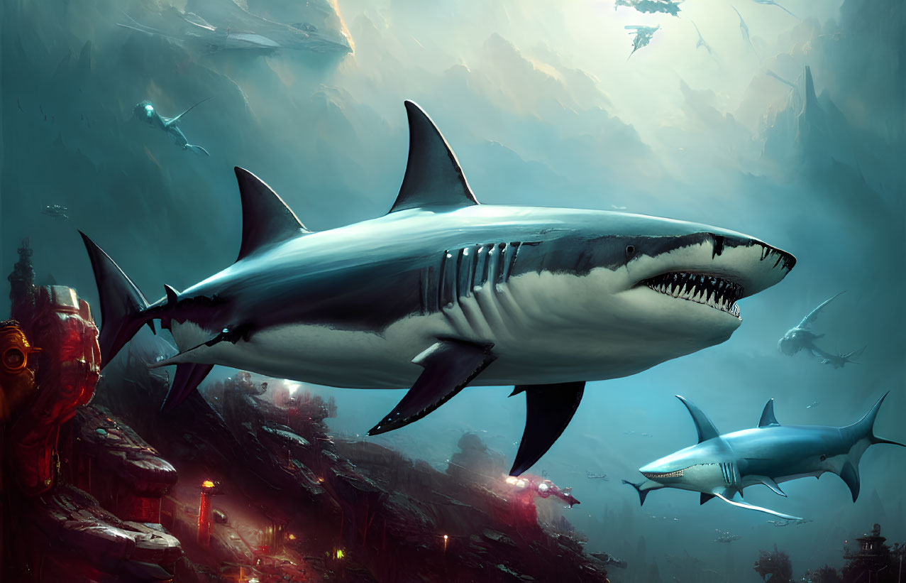 Digital artwork of ferocious shark in underwater scene