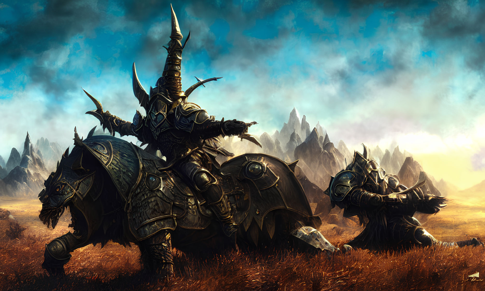 Armored knights on horseback in dark fantasy landscape