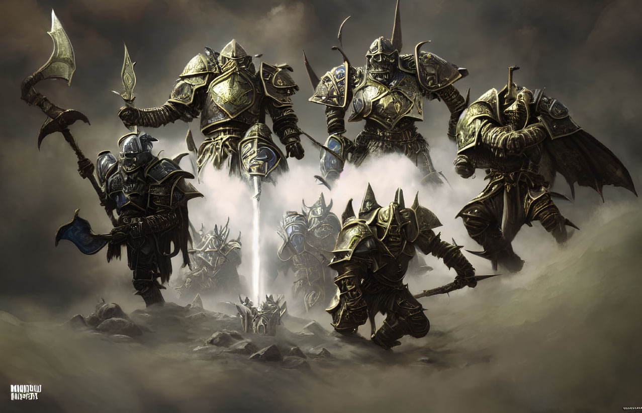 Armored warriors with weapons in misty fantasy landscape