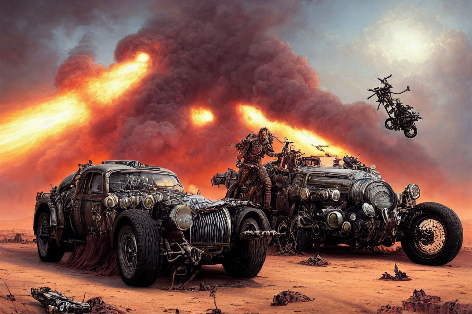 Modified cars, airborne motorcyclist, fiery explosion in apocalyptic landscape