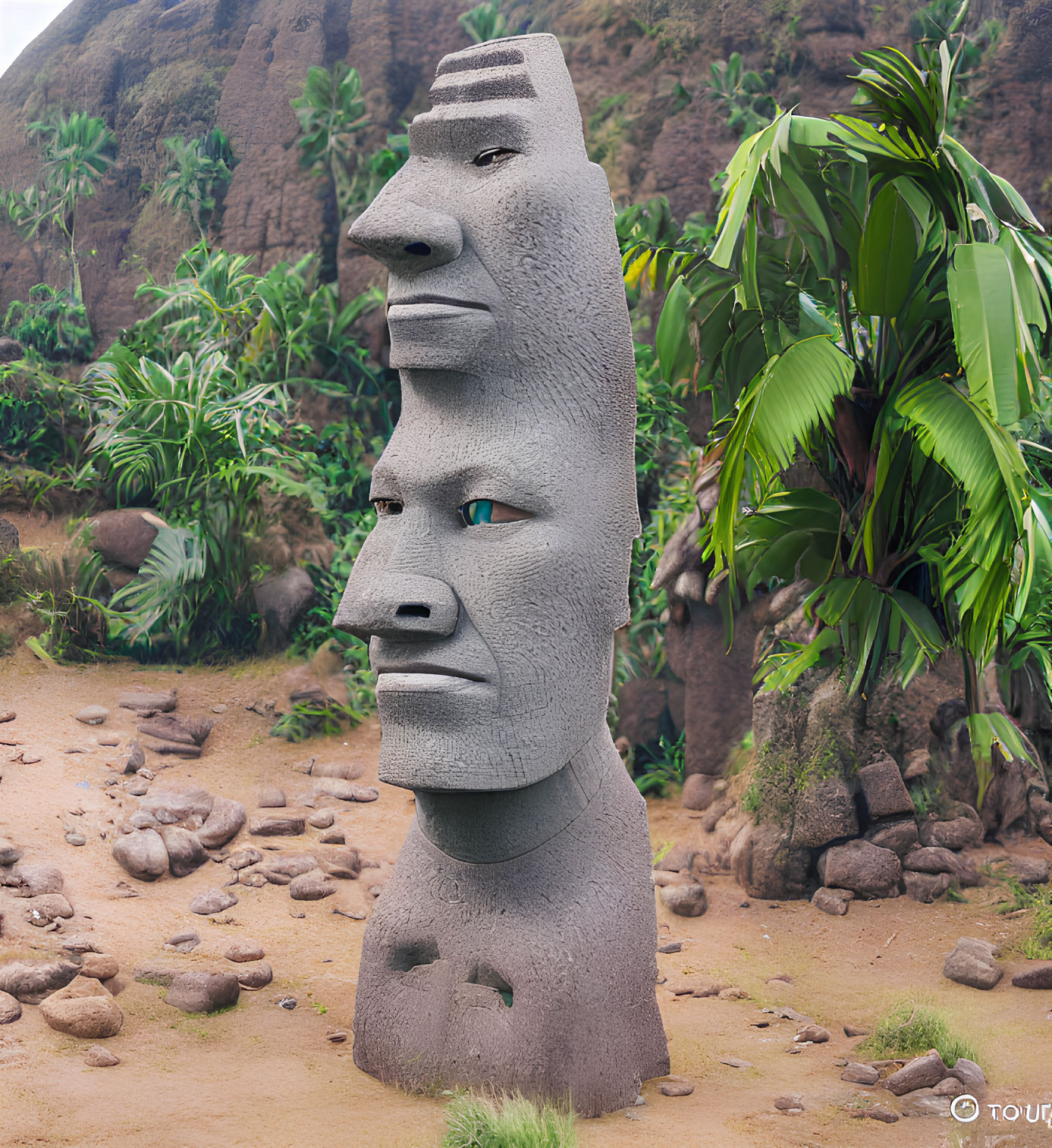 Digital artwork of three-tiered stone head statue in lush greenery.