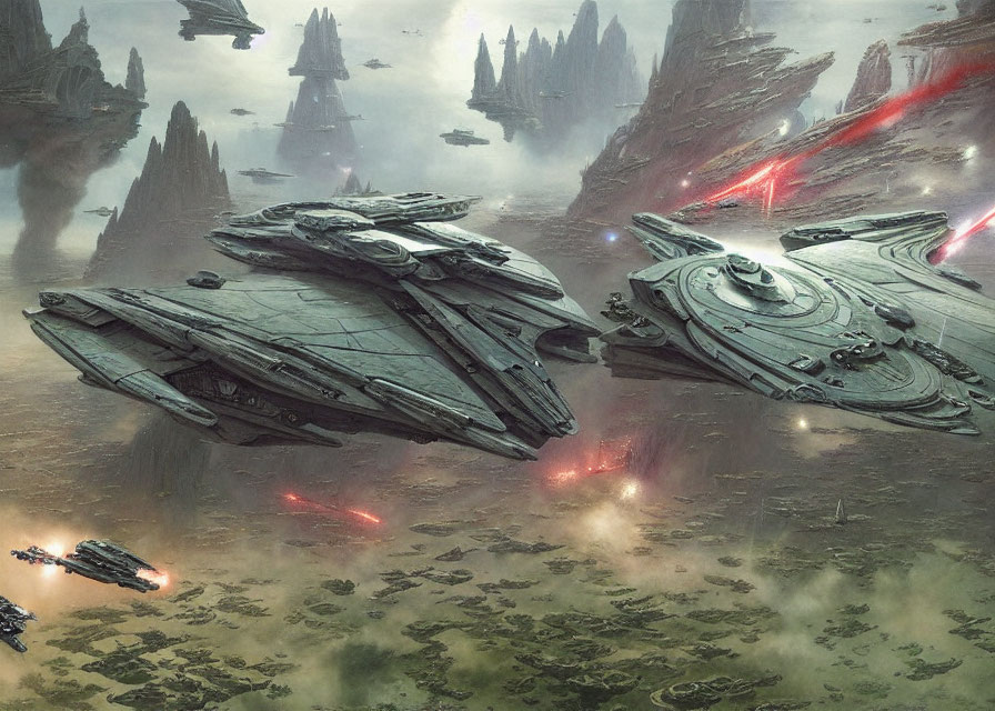 Futuristic starships battle in misty alien landscape